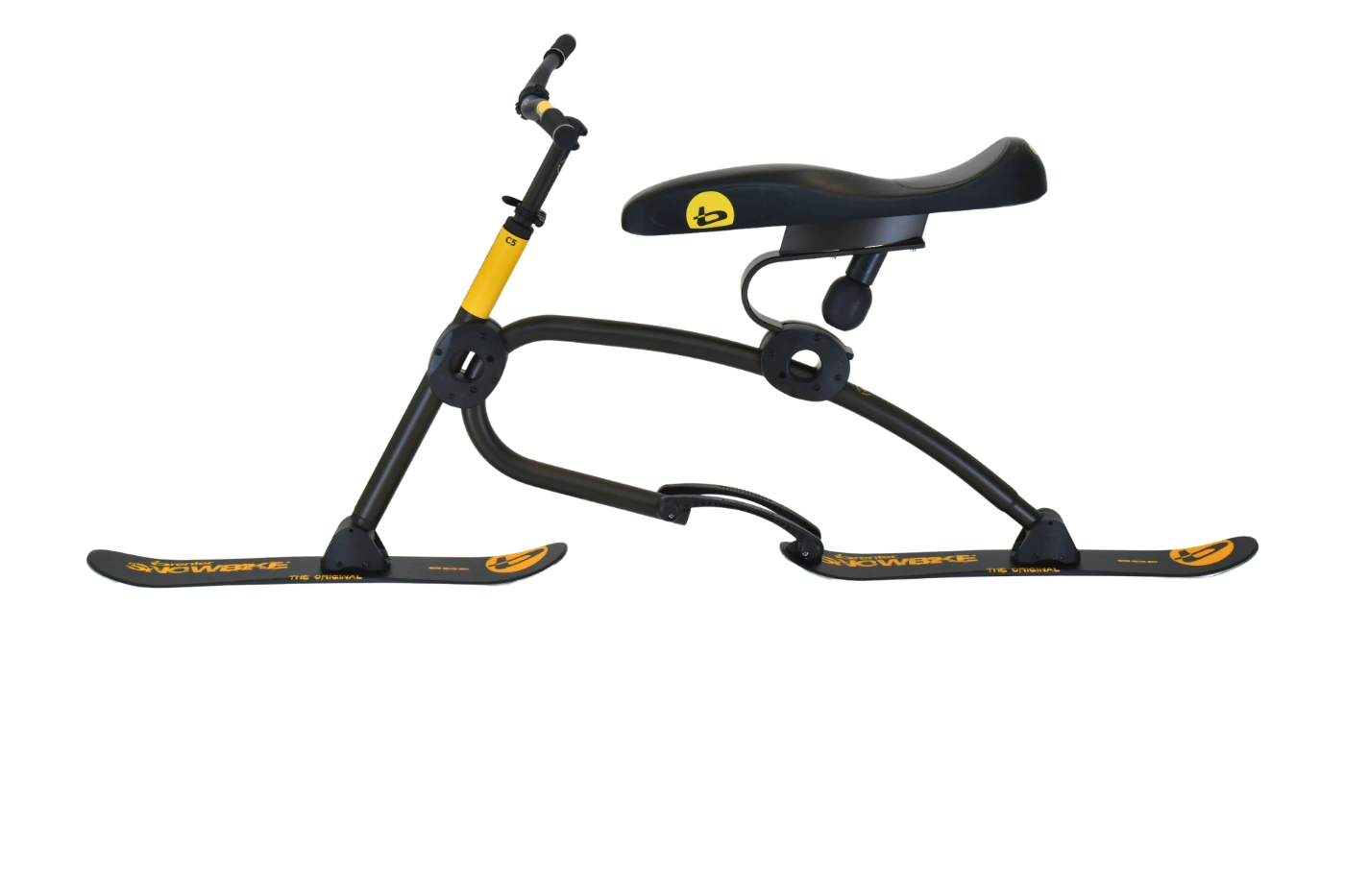 Brenter C5 Skibike side profile view showing frame and ski attachment for alpine riding