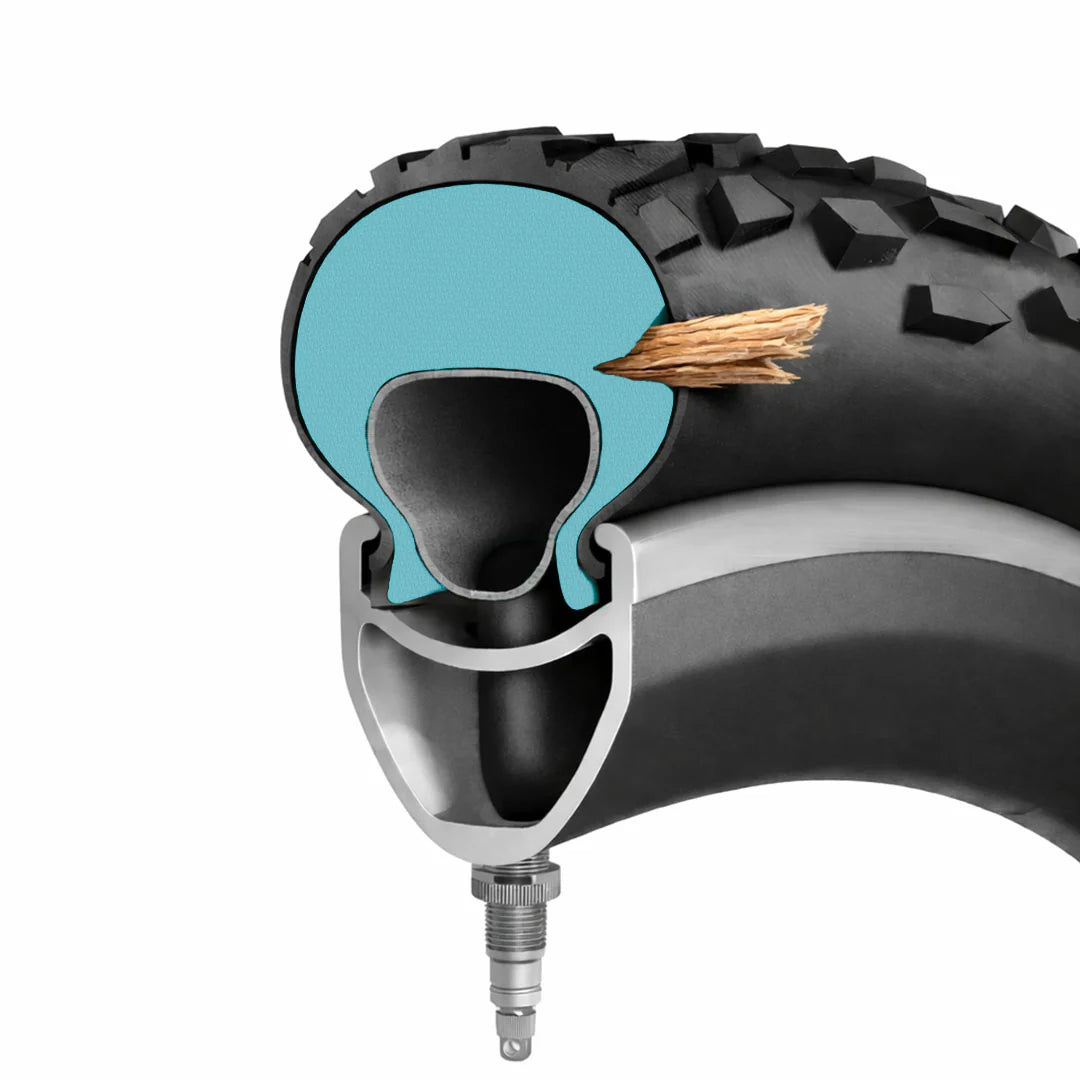 Cross-section diagram of RISEMOUSSE INFINITY EVA tire insert protecting MTB tire against nail puncture